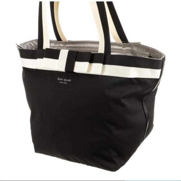 Kate Spade Barrow Street Tote Bag Bow Accent Zip Top Black White Classic - Picture 3 of 17